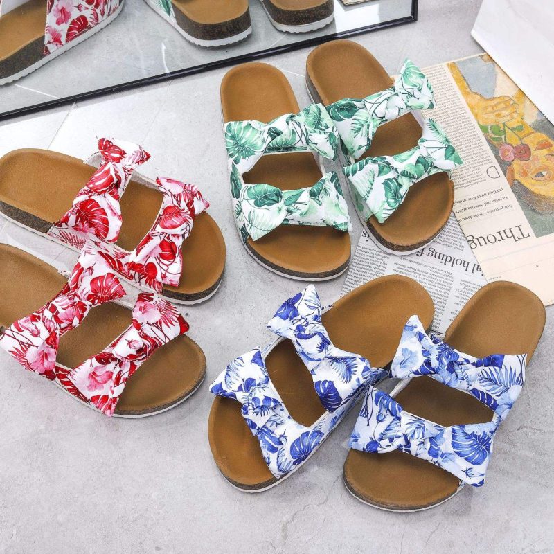 2022 Slides Slippers Women's Amazon Hawaii Double Row Bow Slippers Cork Sole Flat Fashion Slippers